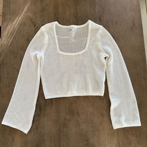 White Cropped Open-Knit Long Sleeve Top